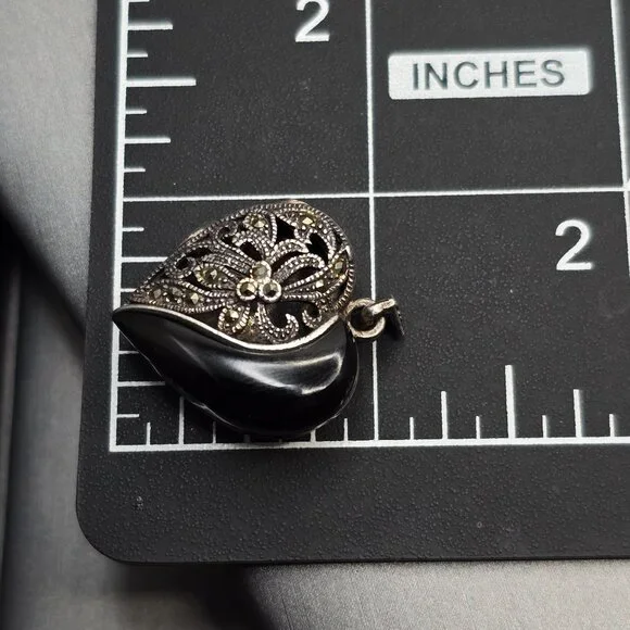 VTG FAS Sterling Silver Marcasite Onyx Heart Locket Pendant 1" Cutouts Signed - Picture 12 of 13